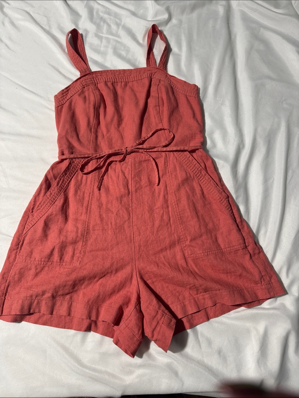 Old Navy Romper XS Coral Linen Blend Tie Waist Pockets Coastal Boho